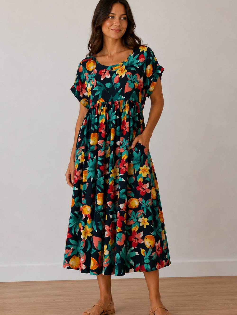 Tropical Fruit Print Tiered Midi Dress ULTIMATE SUMMER Size M